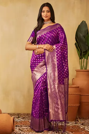 Purple ethnic motifs woven zari banarasi saree