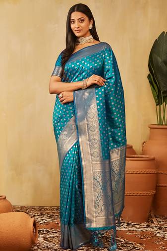 Turquoise blue woven ethnic motifs zari banarasi saree
