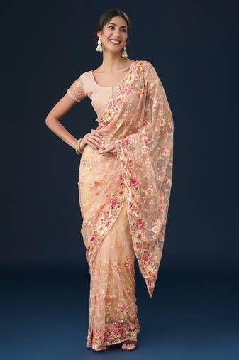 Pink floral embroidered saree
