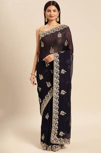 Navy-blue embroidered ethnic saree