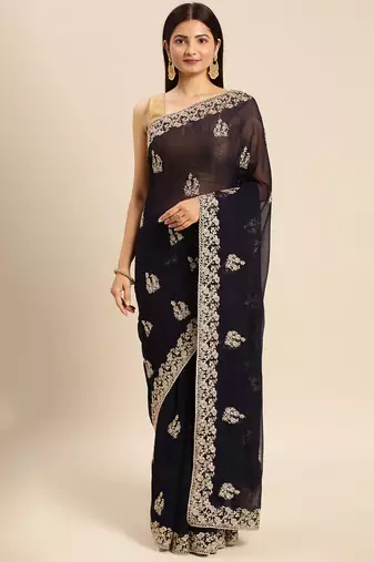 Navy-blue embroidered ethnic saree