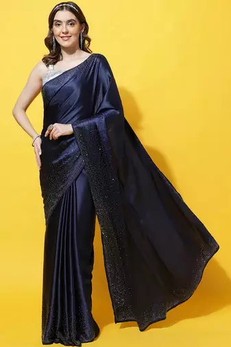 Navy-blue beads and stones embellished satin saree