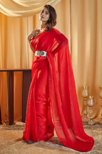 Red women red solid silk blend saree