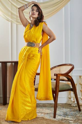 Yellow women yellow solid silk blend saree