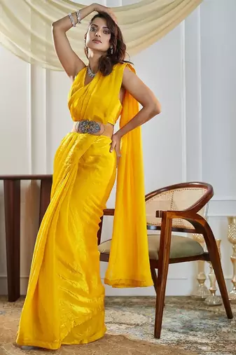 Yellow women yellow solid silk blend saree