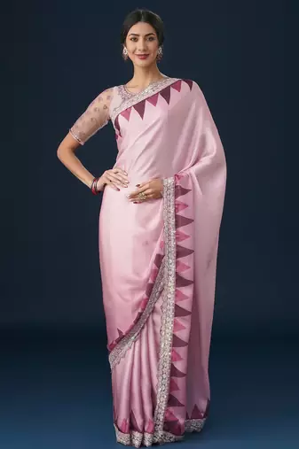 Pink sequin embellished geometric printed satin saree