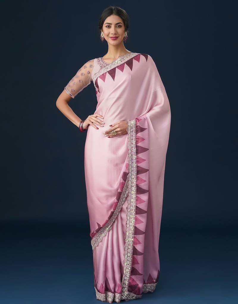 Pink sequin embellished geometric printed satin saree