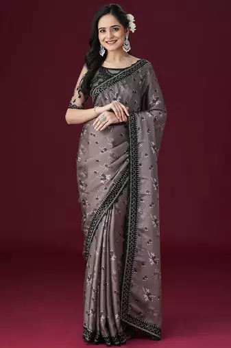 Grey floral printed embellished sarees