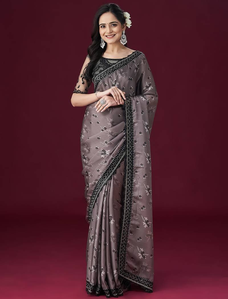 Grey floral printed embellished sarees