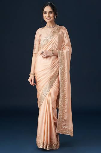 Peach embellished satin sarees