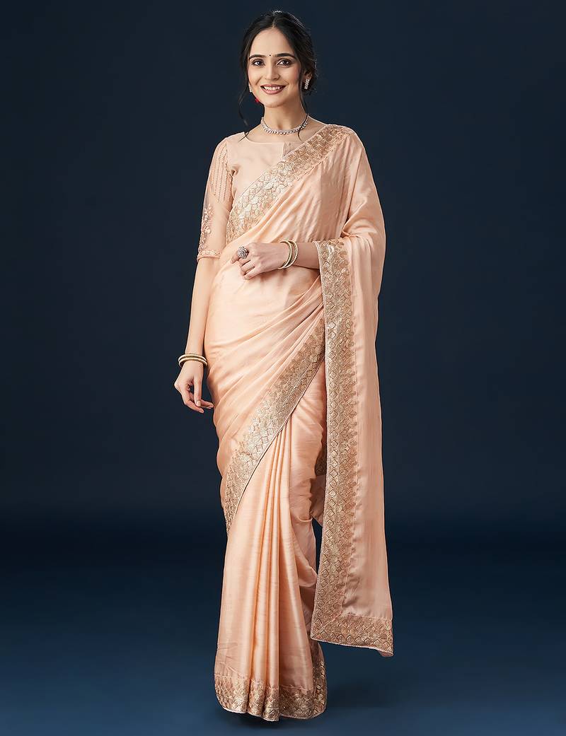 Peach embellished satin sarees