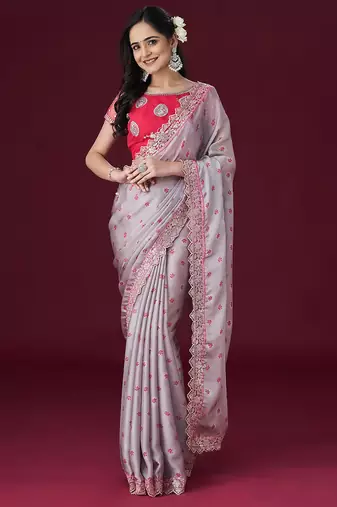 Grey floral printed sequin embellished satin saree