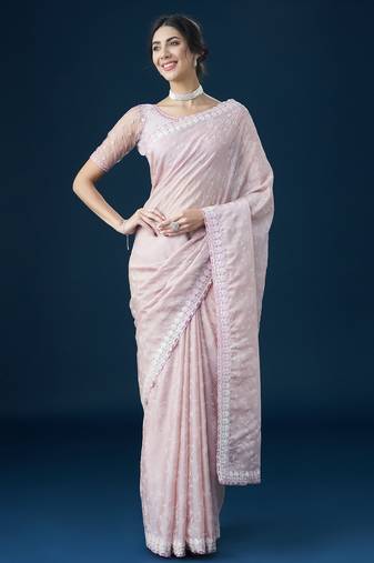 Pink embellished sequinned with printed saree