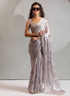 Dusty grey handwork zarkan embroidery silk party wear saree 1