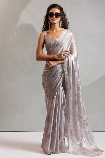 Dusty grey handwork zarkan embroidery silk party wear saree