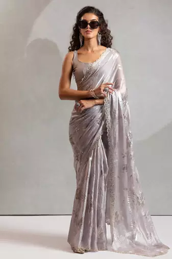 Dusty grey handwork zarkan embroidery silk party wear saree