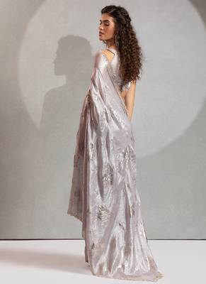 Dusty grey handwork zarkan embroidery silk party wear saree 2