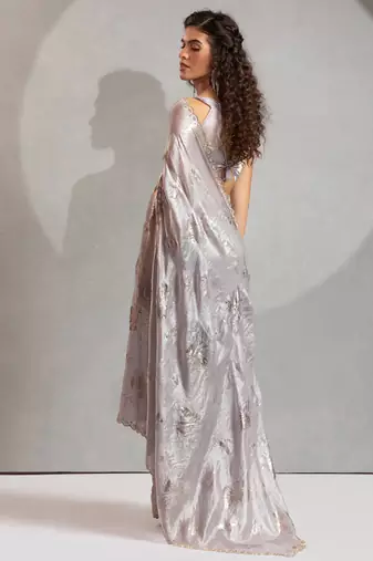 Dusty grey handwork zarkan embroidery silk party wear saree