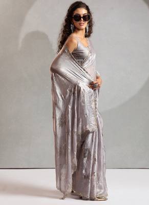 Dusty grey handwork zarkan embroidery silk party wear saree 3