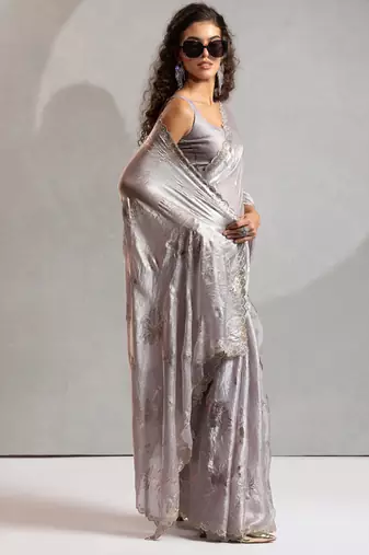 Dusty grey handwork zarkan embroidery silk party wear saree