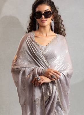 Dusty grey handwork zarkan embroidery silk party wear saree 5