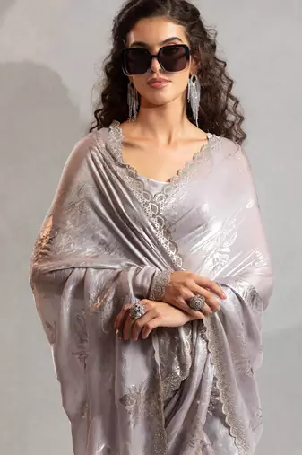 Dusty grey handwork zarkan embroidery silk party wear saree