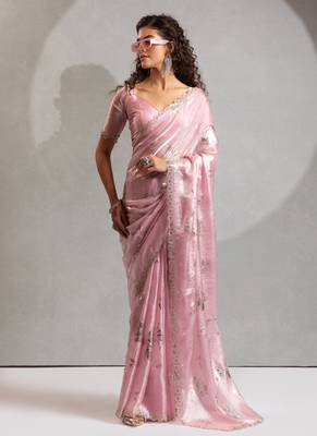 Pink handwork zarkan embroidery silk party wear saree 1