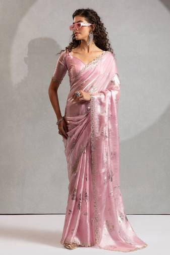 Pink handwork zarkan embroidery silk party wear saree