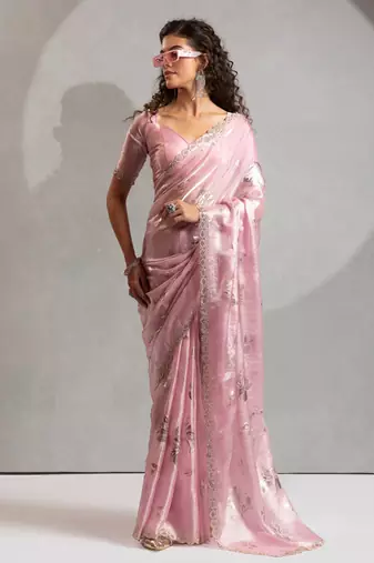 Pink handwork zarkan embroidery silk party wear saree