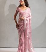 Pink handwork zarkan embroidery silk party wear saree