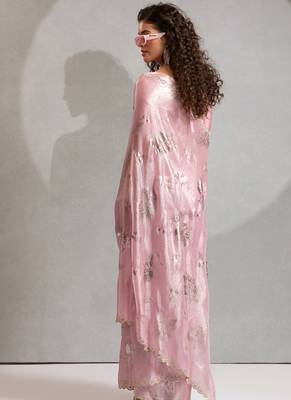 Pink handwork zarkan embroidery silk party wear saree 2