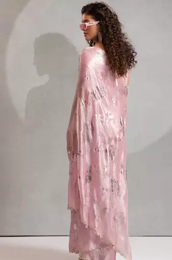 Pink handwork zarkan embroidery silk party wear saree