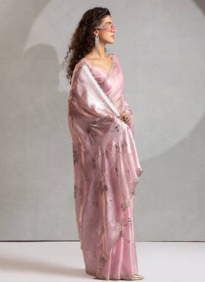 Pink handwork zarkan embroidery silk party wear saree 3