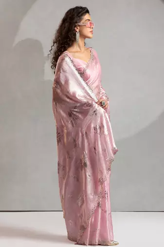 Pink handwork zarkan embroidery silk party wear saree