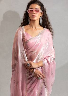 Pink handwork zarkan embroidery silk party wear saree 4