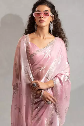 Pink handwork zarkan embroidery silk party wear saree