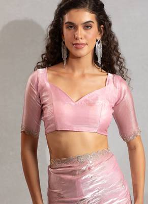 Pink handwork zarkan embroidery silk party wear saree 5