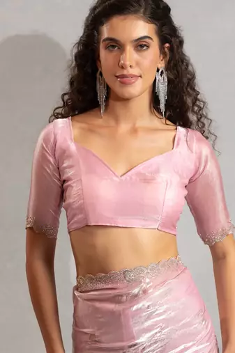 Pink handwork zarkan embroidery silk party wear saree