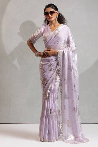 Lavender handwork zarkan border work satin silk party wear saree