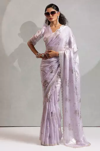 Lavender handwork zarkan border work satin silk party wear saree