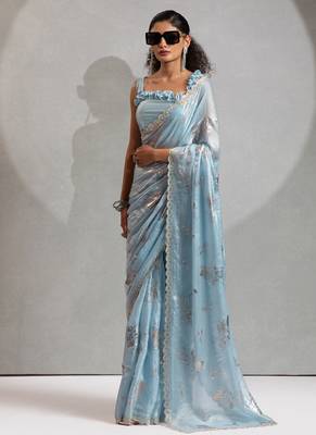 Sky blue handwork zarkan border work satin silk party wear saree 1