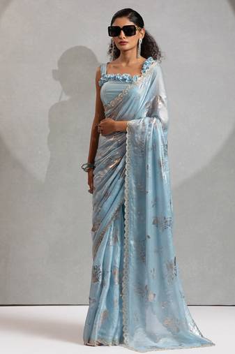 Sky blue handwork zarkan border work satin silk party wear saree