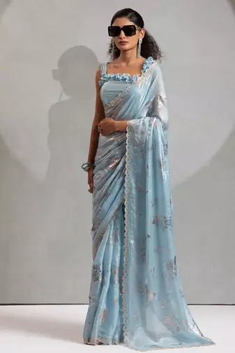 Sky blue handwork zarkan border work satin silk party wear saree
