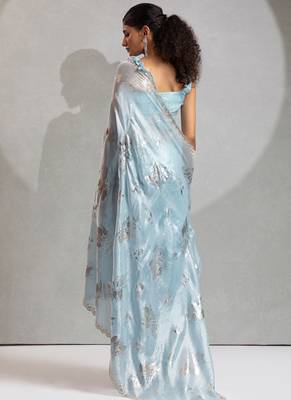 Sky blue handwork zarkan border work satin silk party wear saree 2
