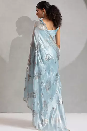 Sky blue handwork zarkan border work satin silk party wear saree