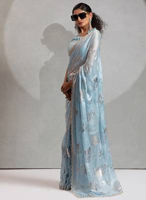 Sky blue handwork zarkan border work satin silk party wear saree 3