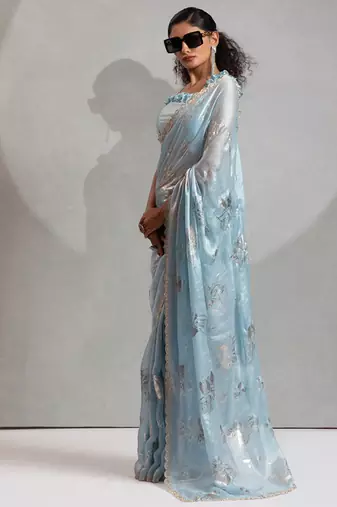 Sky blue handwork zarkan border work satin silk party wear saree