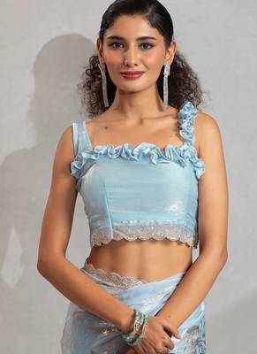 Sky blue handwork zarkan border work satin silk party wear saree 4