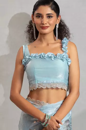 Sky blue handwork zarkan border work satin silk party wear saree