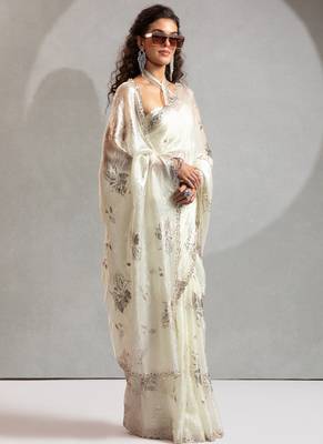 Off white handwork zarkan border work satin silk party wear saree 1